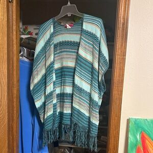 Open-Front Striped Fringe Poncho Cape in Teal and Aqua